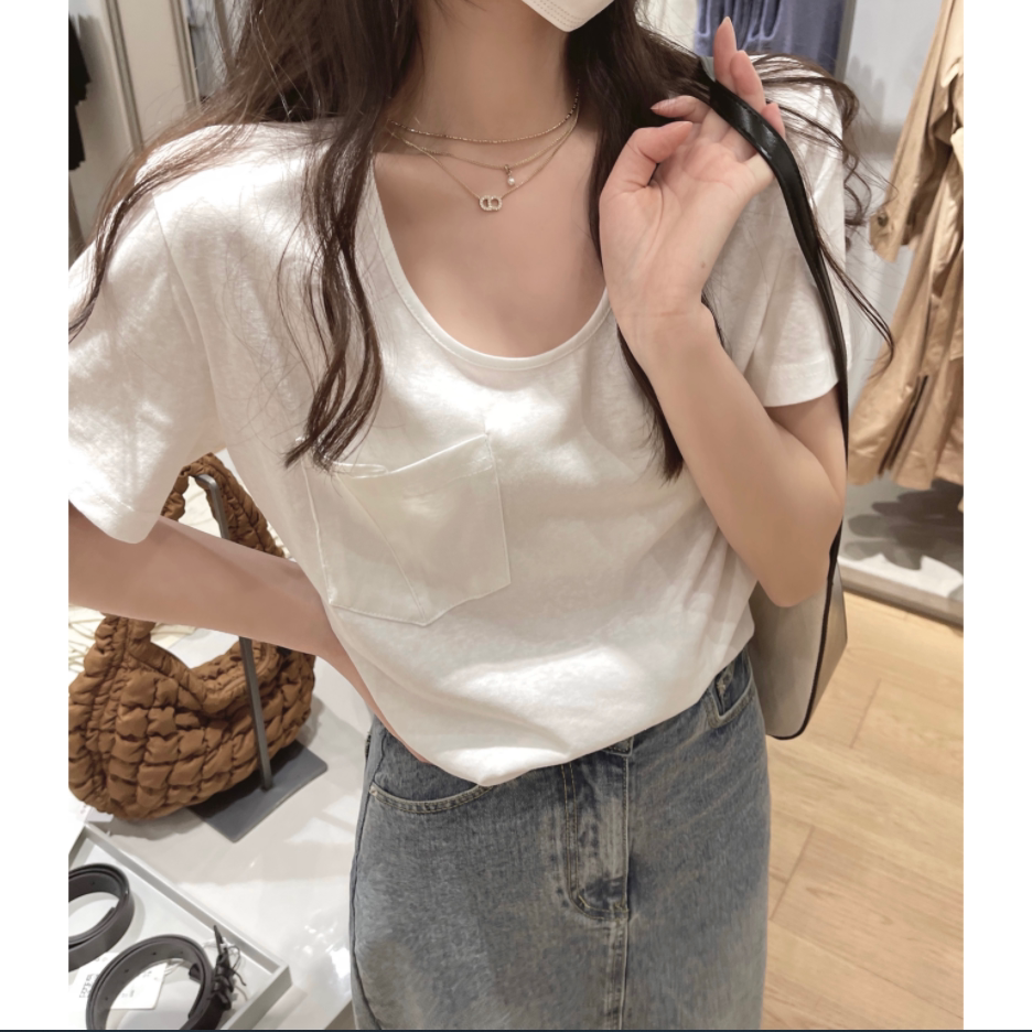 2026 Корейская версия новой футболки с U-образным вырезом small fresh slim-fit с коротким рукавом, повседневная универсальная футболка super fire ins tide top women