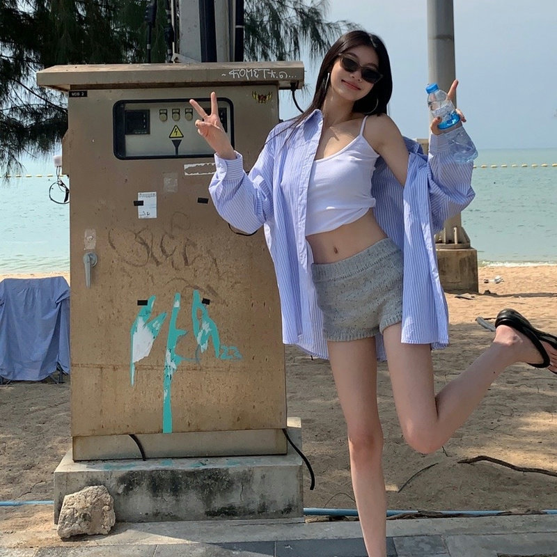 Striped vacation casual sun protection long-sleeved shirt for women, summer lazy Korean style loose layering top, early autumn shirt jacket