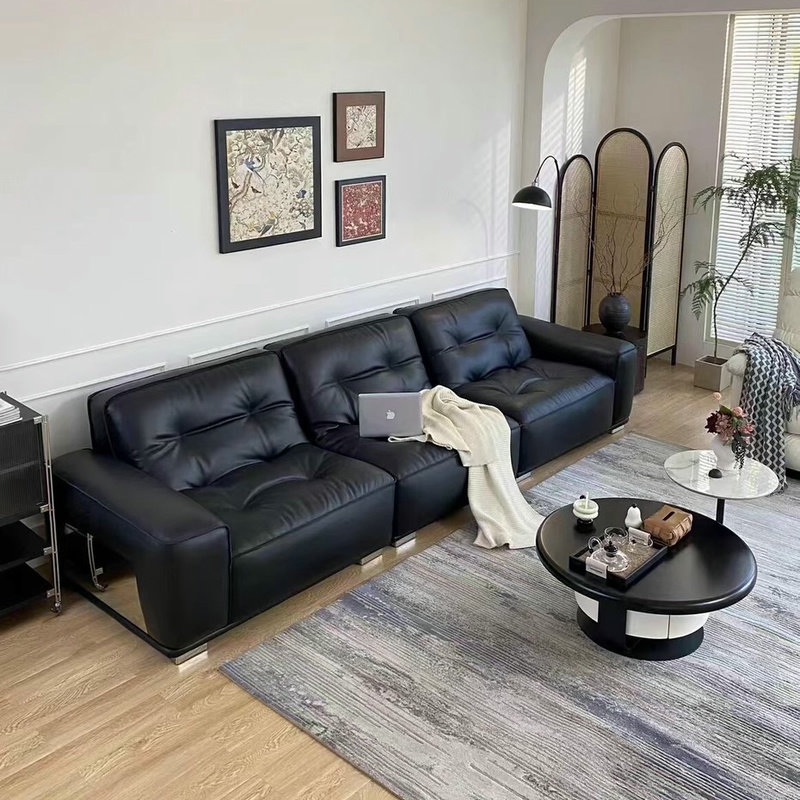 Гуанчао, черный диван Кинг-Конг, гостиная в итальянском стиле, первый слой натуральной кожи, комбинация натуральной кожи 25 лет, дизайнерский ретро-стиль A