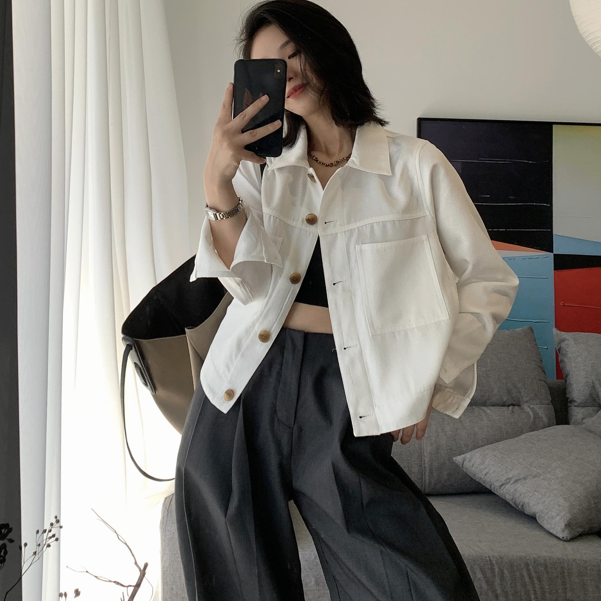 2025 Spring and Autumn New White Moonlight Fashion Thin Lapel Long Sleeve Short Jacket Top White Short Jacket Women
