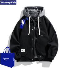 WASSUP fake two-piece jacket for men's autumn and winter trendy brand color contrast work clothes casual loose plush thick hooded jacket