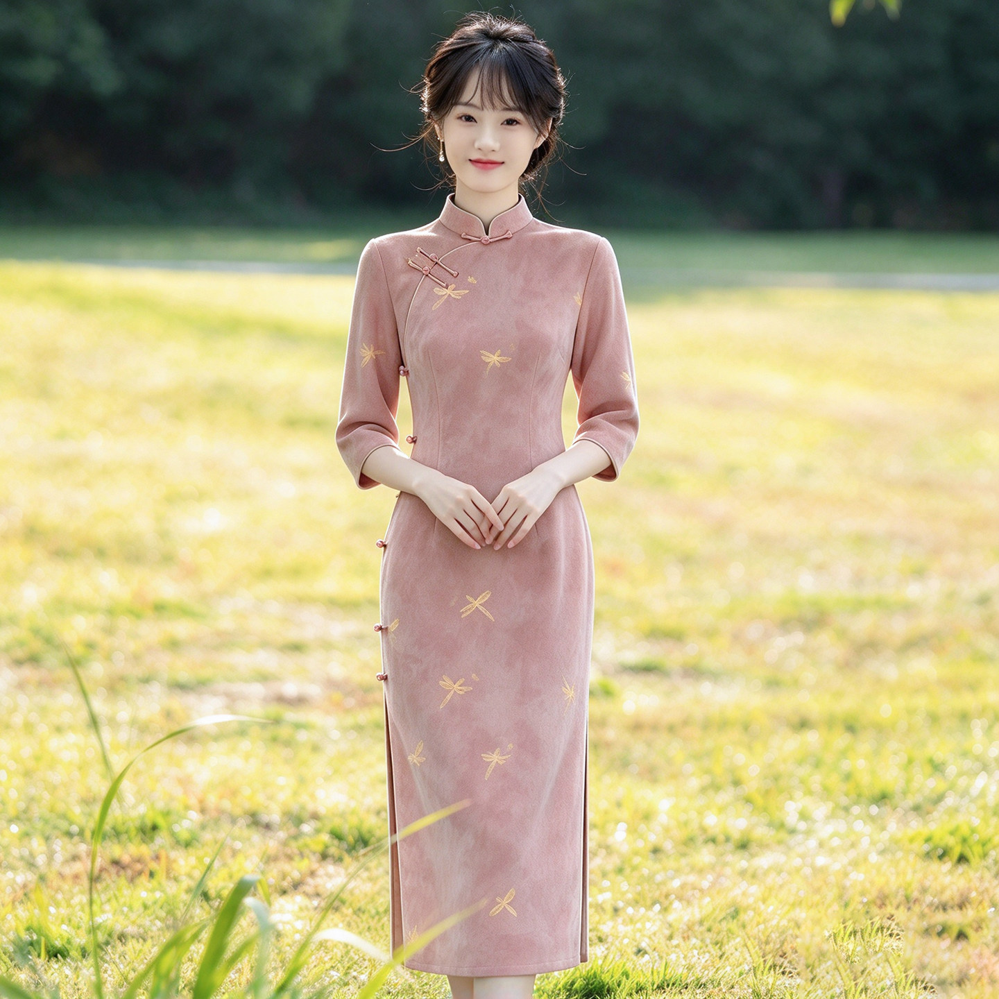 Розовое элегантное платье cheongsam со стрекозой, новинка 2026 года, улучшенное платье с воротником для помолвки молодых женщин, осенне-зимнее платье с длинными рукавами