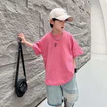 Boys Summer Pink Half sleeved Short sleeved T-shirt 2024 New Clothes Children's Summer Puppy and Handsome Pure Cotton Top Trendy