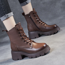 Short stature with increased height and brown Martin boots, women's British style 2023 new winter women's shoes, plush and thick leather