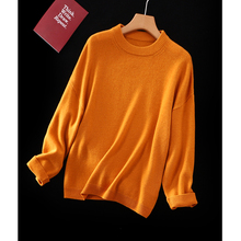 High end cashmere versatile warm women's round neck loose long sleeved knitted sweater