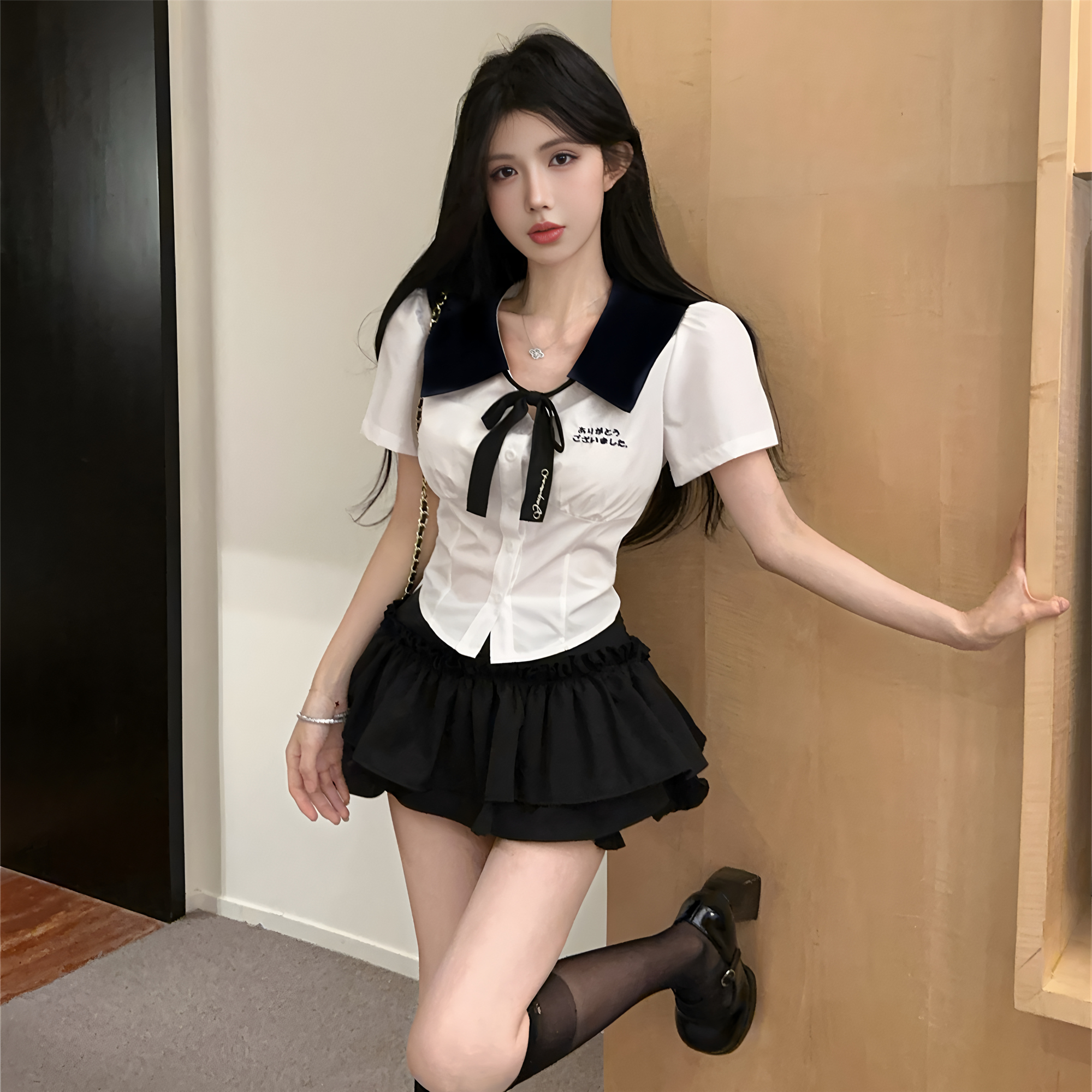 College style jk uniform suit womens summer design pure desire short top high waist cake pants skirt two-piece set