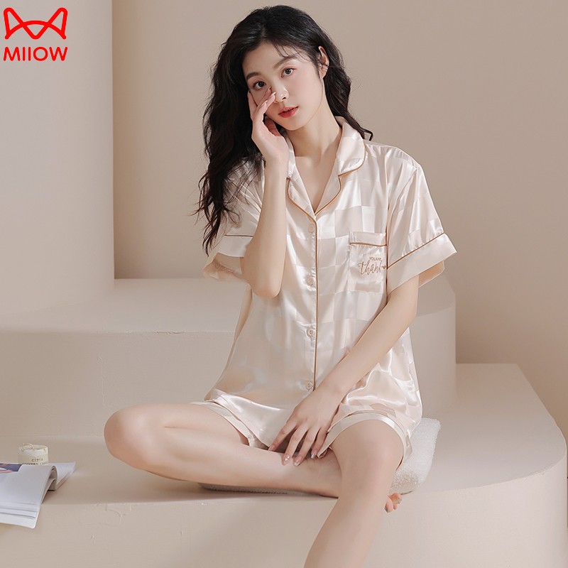 Кошачья пижама, женские летние тонкие шорты из ледяного шелка с короткими рукавами, сетчатый красный ветряной летний прохладный шелковый костюм для дома