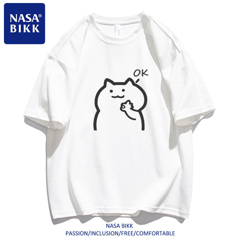 【OK】 Хлопковая футболка NASA с короткими рукавами, американская летняя мужская пара, круглый вырез, свободная универсальная повседневная футболка с пятью с половиной рукавами