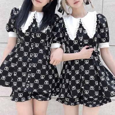 taobao agent 珠珠家日系地雷系甜酷樱桃爱心印花尖领短袖超短连衣裙衣两件套装