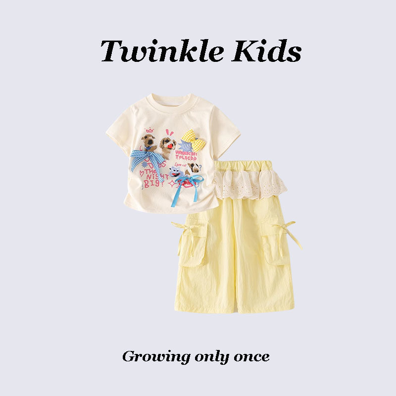 Twinkle Kids / Летний костюм для девочек в осеннем стиле ретро, очень красивый спортивный костюм-двойка для маленьких девочек