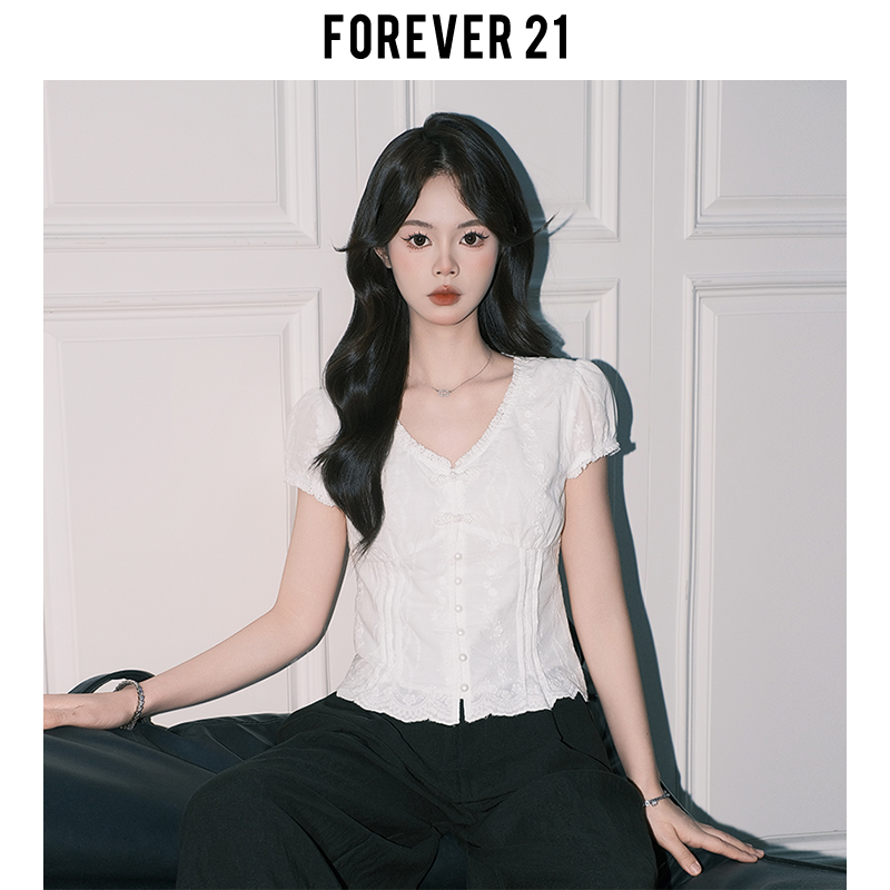 Forever21 Французская белая кружевная рубашка на пуговицах с V-образным вырезом, женская летняя приталенная блузка из чистого хлопка с короткими рукавами и приталенной талией