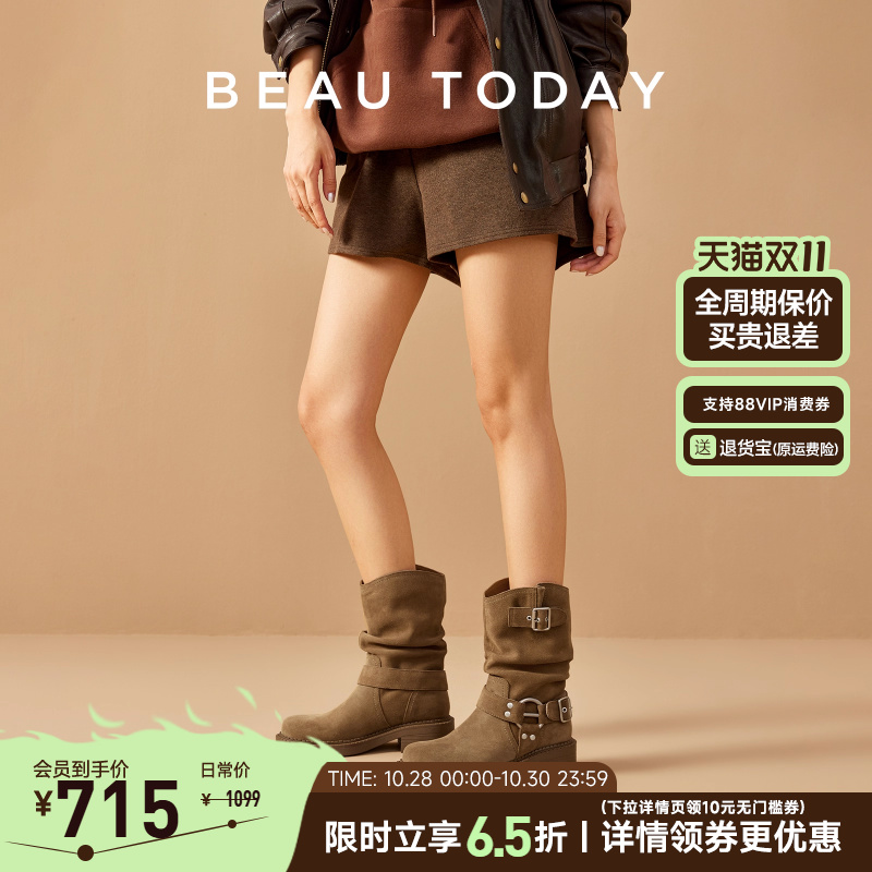 BeauToday/ кожаные ботинки; модные сапоги до середины икры; женские осенние ковбойские сапоги в западном стиле в стиле ретро с ворсом; короткие сапоги