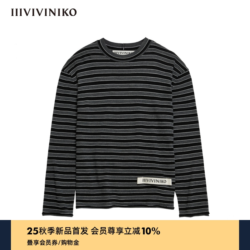 Осенний новый шерстяной свитер из чистой шерсти, женский тонкий повседневный трехмерный свитер IIIVIVINIKO2025 в полоску с длинными рукавами