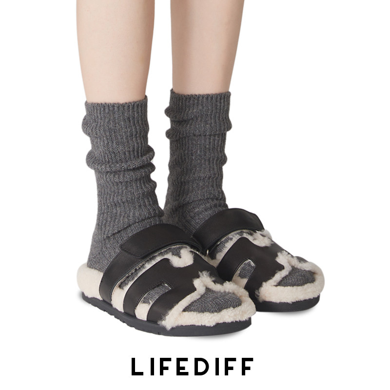 Women's slouch socks, black thick and warm, dark gray wool socks for autumn and winter, paired with Birkenstocks mid-calf socks.