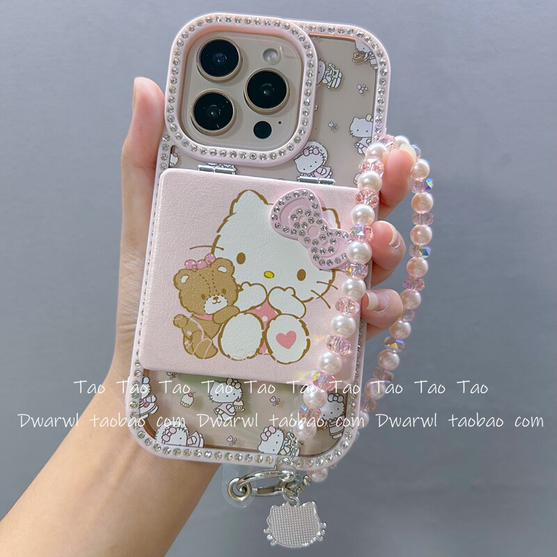 This double-sided rhinestone-encrusted Hello Kitty mirror chain case is suitable for iPhone 17 Pro, Apple 15 new models, 16 Pro Max, popular 12 best-selling models, 13 women's models, 14 Pro anti-drop case, and 17 Pro Max.