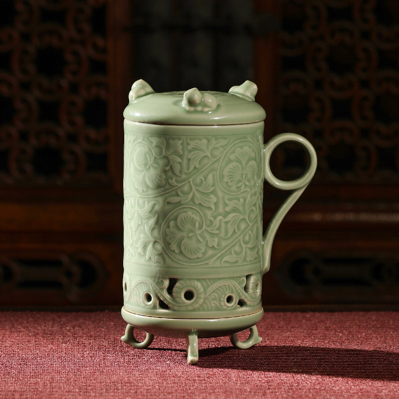 Чайная чашка Guanfu Wenxiang с оригинальным яочжоуским печным рисунком цвета морской волны и пиона, чашка с ароматом офисного чая двойного назначения