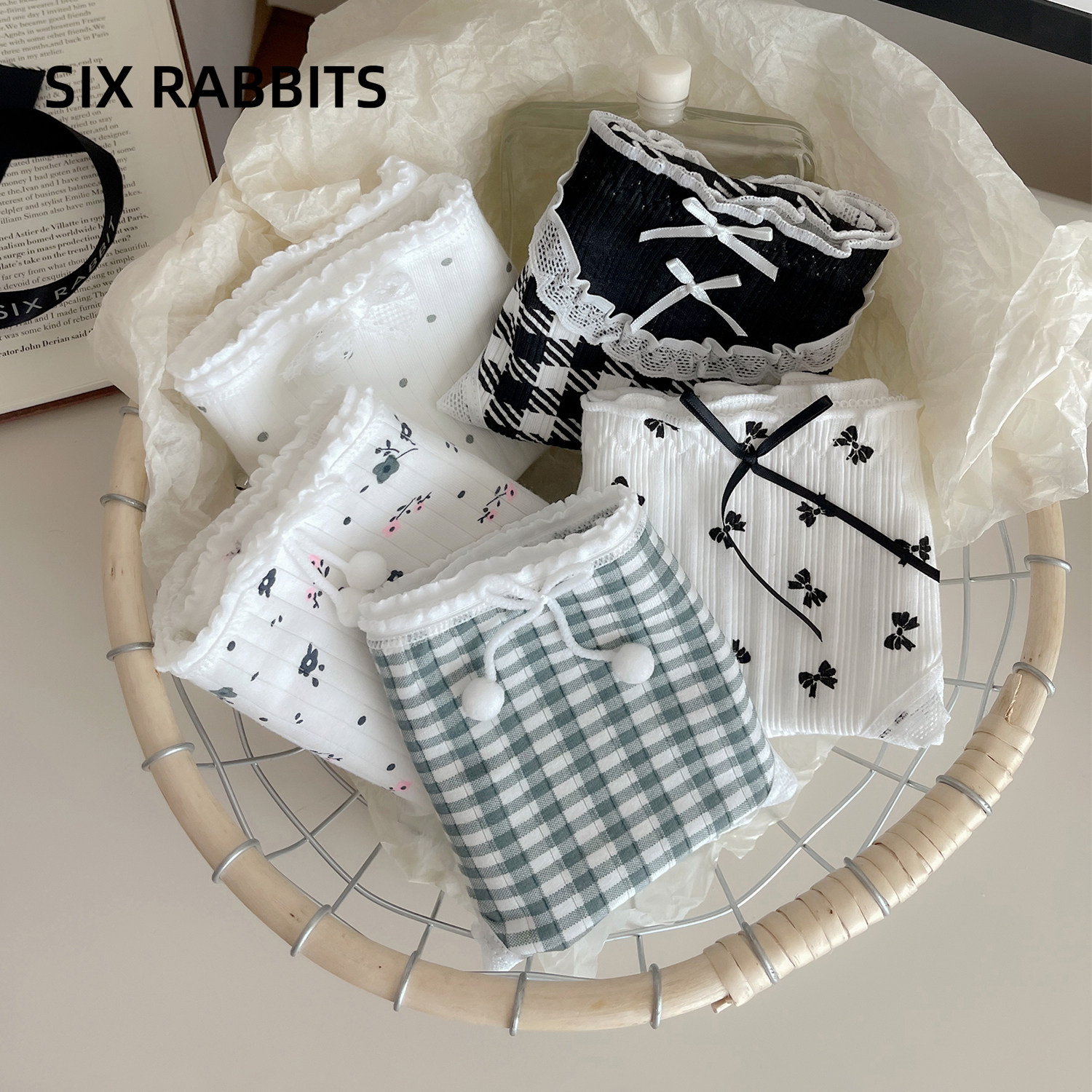 Женское нижнее белье Six rabbits из 5 упаковок, приятный для кожи чистый хлопок, дышащая нижняя часть промежности, милые клетчатые трусы для девочек со средней талией
