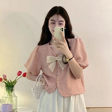 Pink V-neck bow shirt for women with a sense of niche design. Summer Korean style gentle and sweet bubble sleeve short top