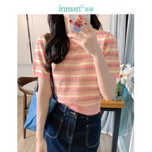 Cool striped short sleeved knitted sweater for women's summer 2024 new round neck slimming light pink top