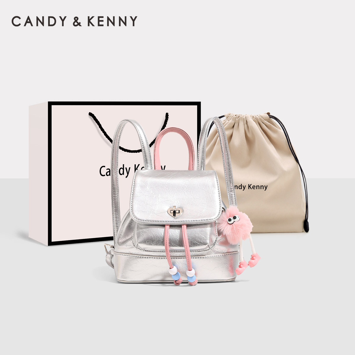 Официальный сайт Candy&Kenny серебряный контрастный рюкзак женский, новинка 2025 года, модная сумка-ведро в западном стиле, маленький рюкзак