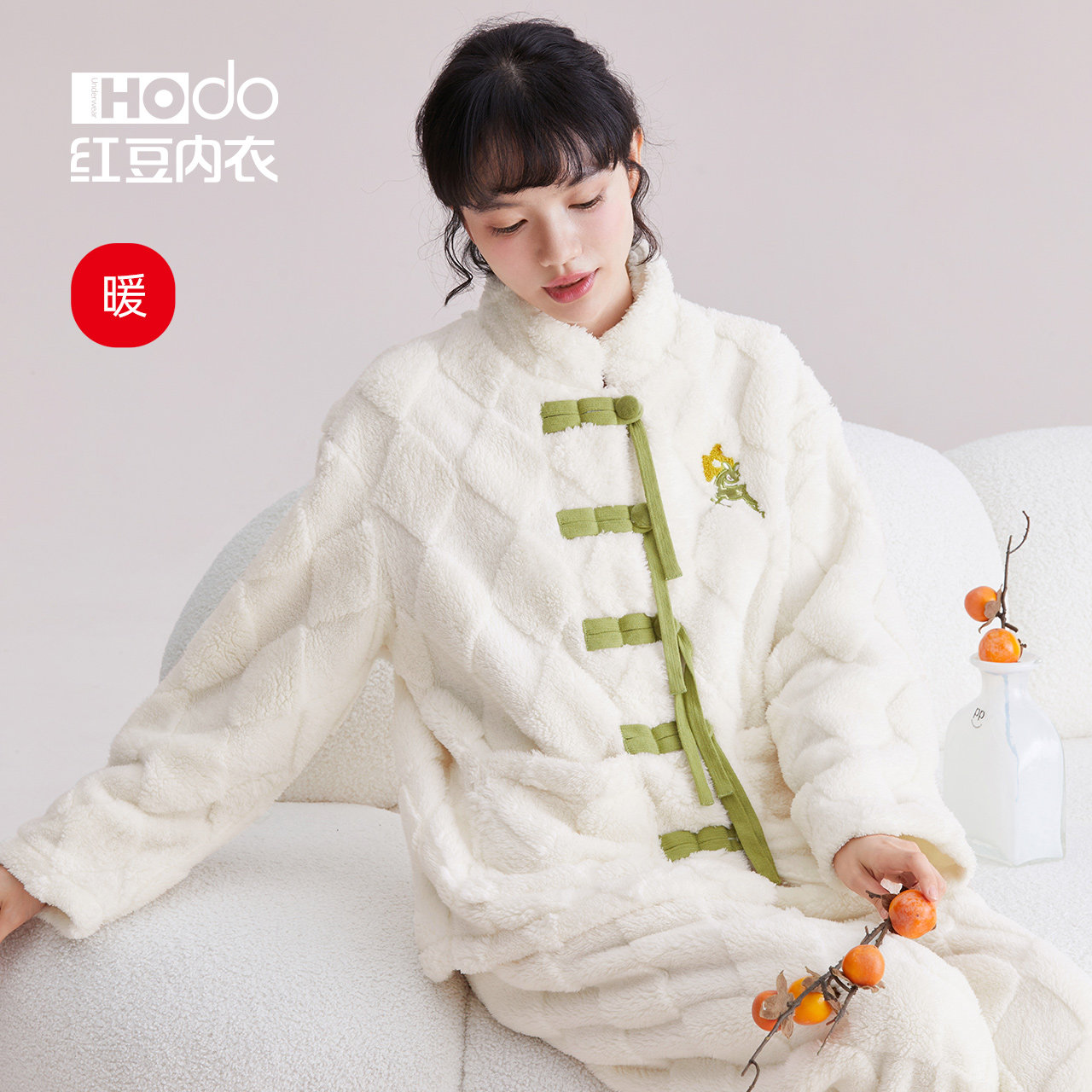 Home bubble velvet pajamas set red bean womens thickened