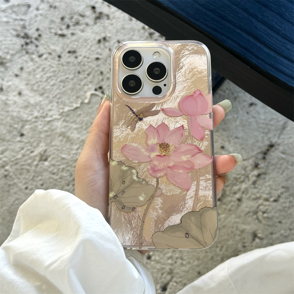 New Chinese-style oil painting lotus flower phone case for iPhone 14, Apple 15 Pro Max, 13 anti-drop, 12 women's, 11 trendy, 16 Pro Max retro literary Chinese style, 14 Pro anti-drop case, 17
