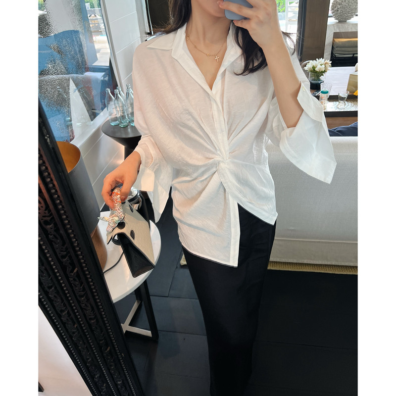 Spring/Summer Linen Versatile Slim Fit Knot Shirt Top, Commuter/OL Elegant Long Sleeve Design