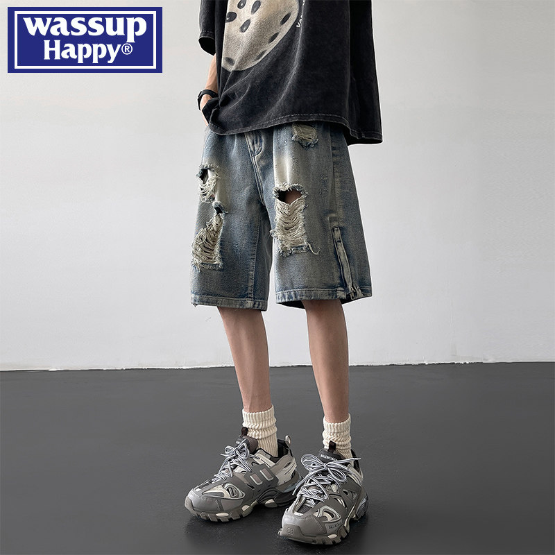 wassup happy, рваные джинсовые шорты, мужские летние тонкие уличные свободные прямые повседневные брюки на молнии с пятью точками