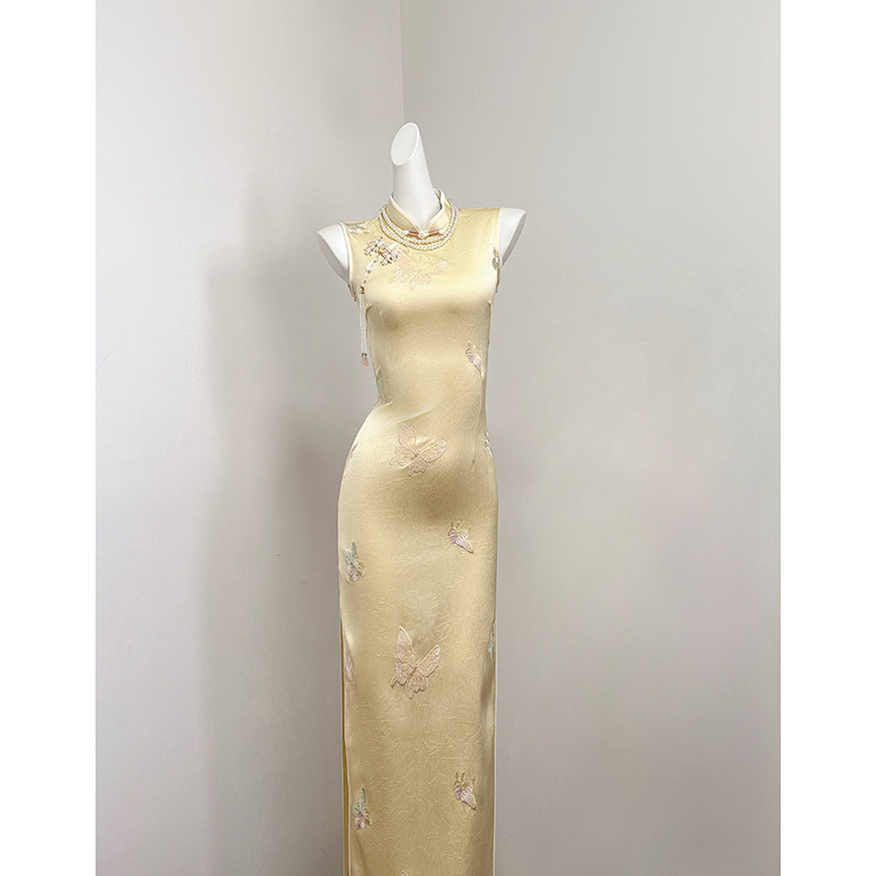 Желтое новое женское ацетатное платье cheongsam в китайском стиле для помолвки высокого класса, новинка 2026 года, ацетатное платье с темпераментной талией