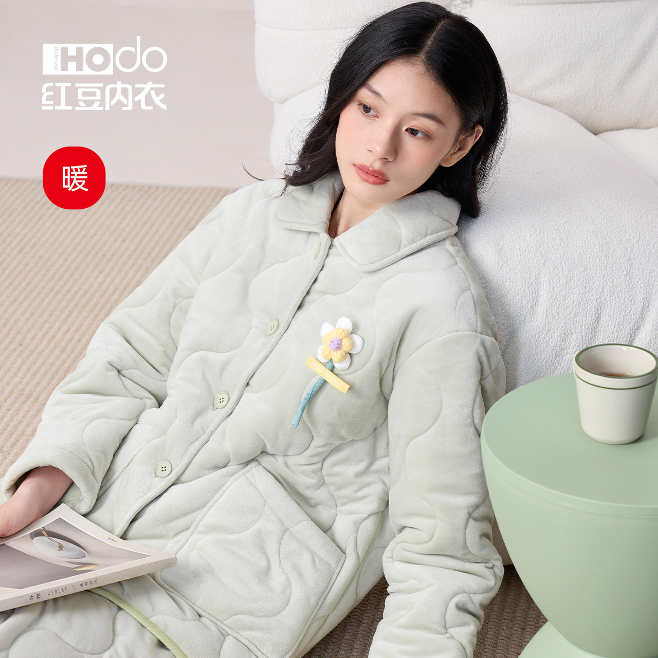 Womens quilted pajamas red bean thickened anti-static home clothes