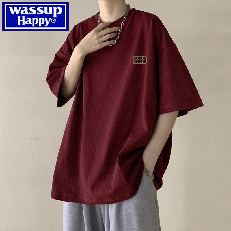 wassup/ счастливая хлопковая футболка с короткими рукавами; мужская летняя высококачественная свободная футболка большого размера с пятью рукавами