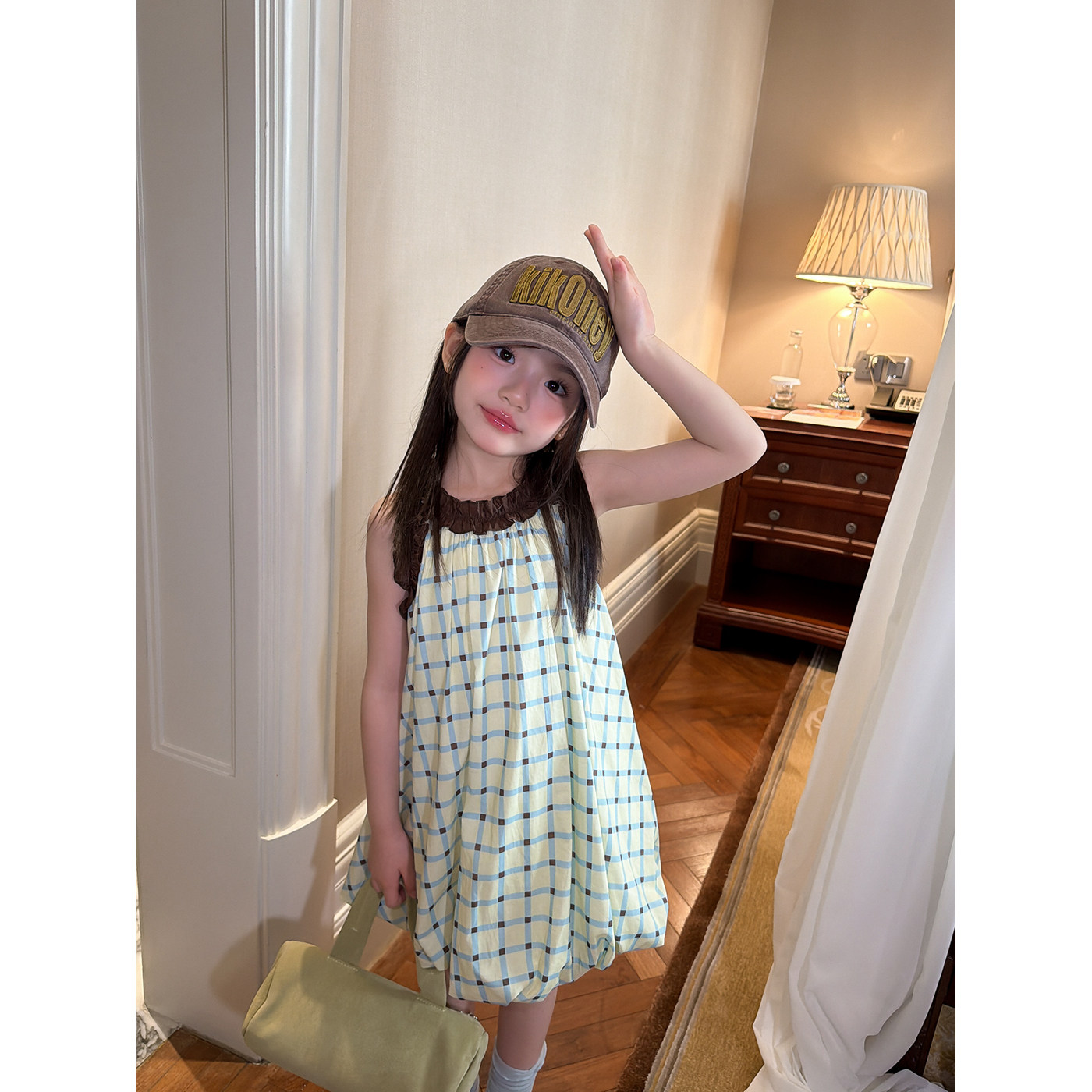 Harper Kids/ детская одежда для девочек, контрастная клетчатая юбка на бретелях с цветочным узором, летнее платье с деревянными ушками в западном стиле