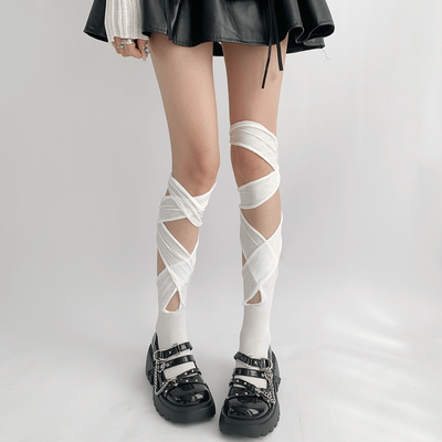 taobao agent 夜间教习室白色绑带袜子夏薄款个性y2k辣妹交叉不规则长筒过膝袜