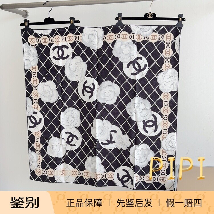 Spot Pippi подлинный/Chanel Chanel классический черный ромбовидный шелковый шарф с камелией cc, шаль, квадратный шарф