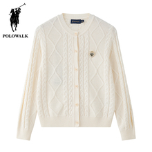 POLOWALK Women's Off White Knitted Cardigan 2023 Autumn New Simple Casual Sweater Coat Counter Same Style