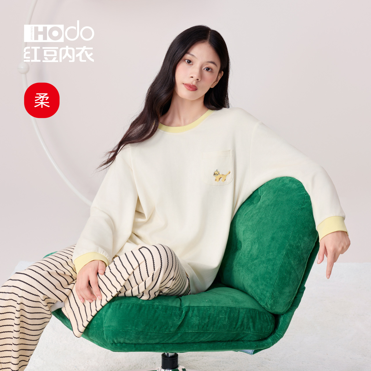 Womens Pure Cotton Pajamas Red Bean Long Sleeve Can Be Weared Outer Home Clothes