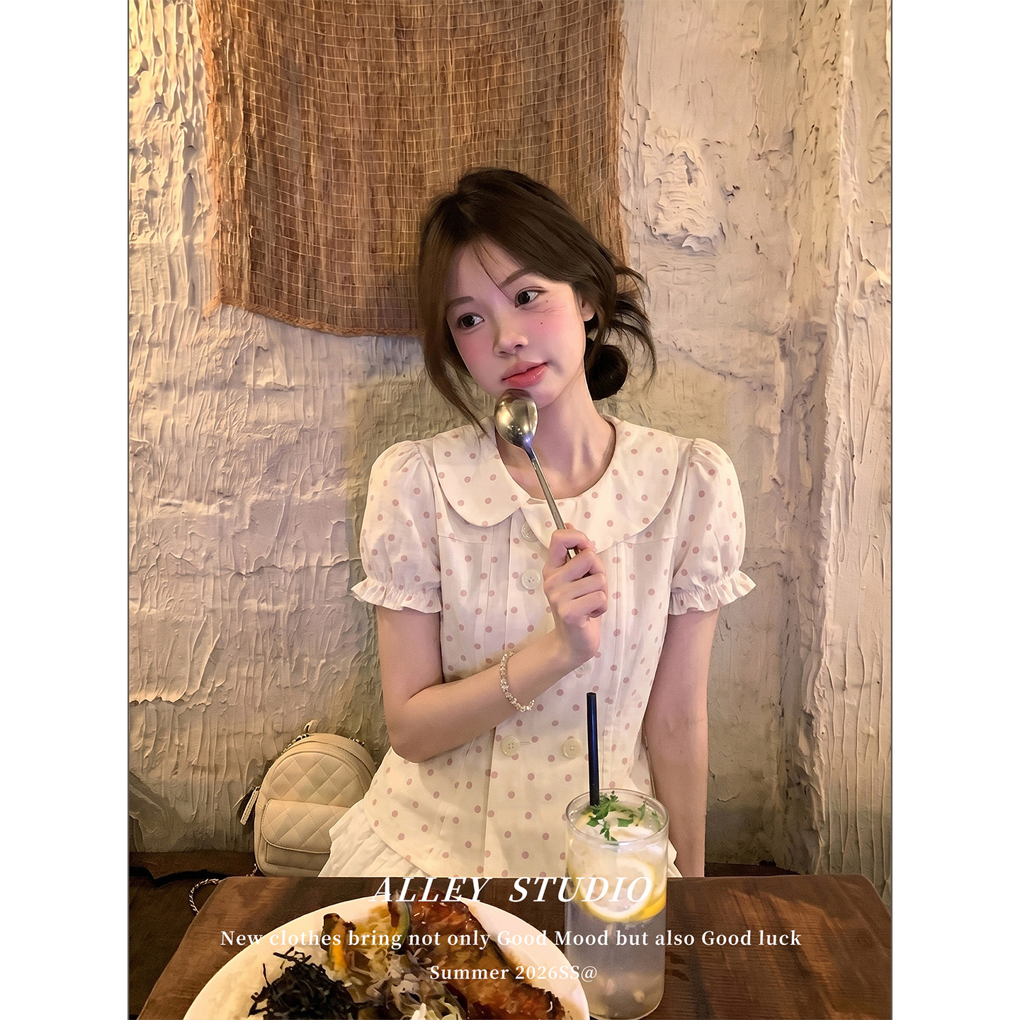 Korean style sweet polka dot double-breasted short shirt for women, super popular summer style, youthful, loose and casual, high-quality apricot color top
