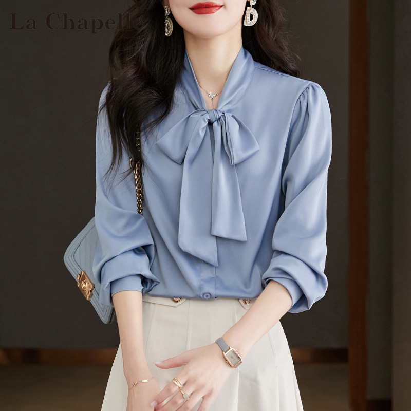 La Chapelle Blue Bow Blouse for Women, Summer 2026 New Arrival, High-End Luxury Chiffon Long-Sleeved Top