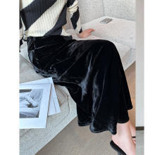 PINKEEN Black Velvet High Waist Skirt Women's Spring 2024 New Elegant and Versatile Commuting A-line Mid length Skirt