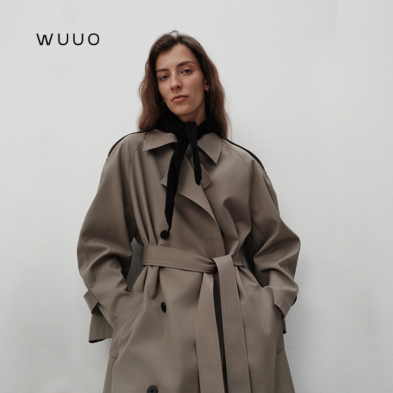 Женская ветровка WUUO из высококачественной шерстяной льняной ткани slub profile осень 2026, женская ветровка средней длины с открытыми плечами и лацканами