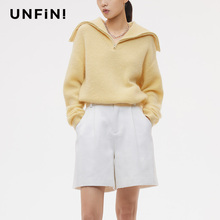 UnfINI women's clothing niche design, simple and elegant, solid color pullover sweater, zippered lapel shawl, wool knit