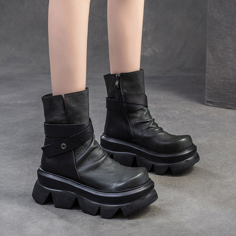 Women's high-end, handcrafted, vintage-style mid-calf boots with a thick sole and premium feel, made from top-grain cowhide. Perfect for autumn and winter.