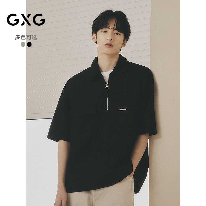 GXG mens clothing black twill fabric casual loose and fashionable commuting short-sleeved shirt mens hot sale in summer 25 years