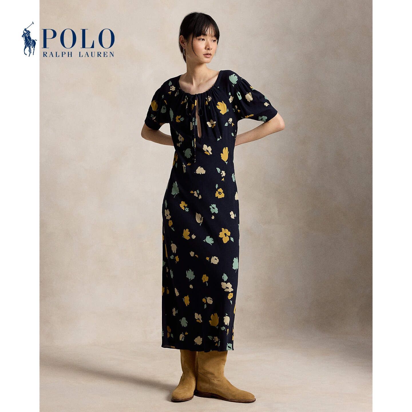Ralph Lauren/Женское платье из крепа Ralph Lauren на раннюю осень 2016 года с цветочным принтом RL28134