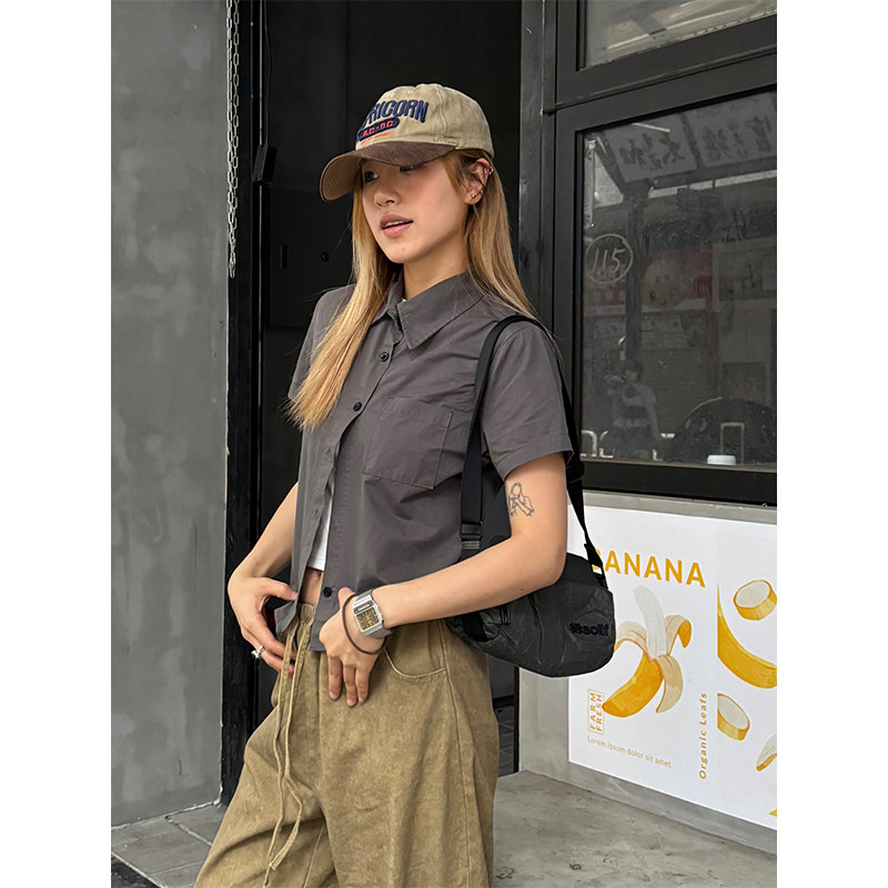 Chuan Chuan also American retro washed short hot girl summer shirt short sleeve women's distressed shoulder slim fit new top