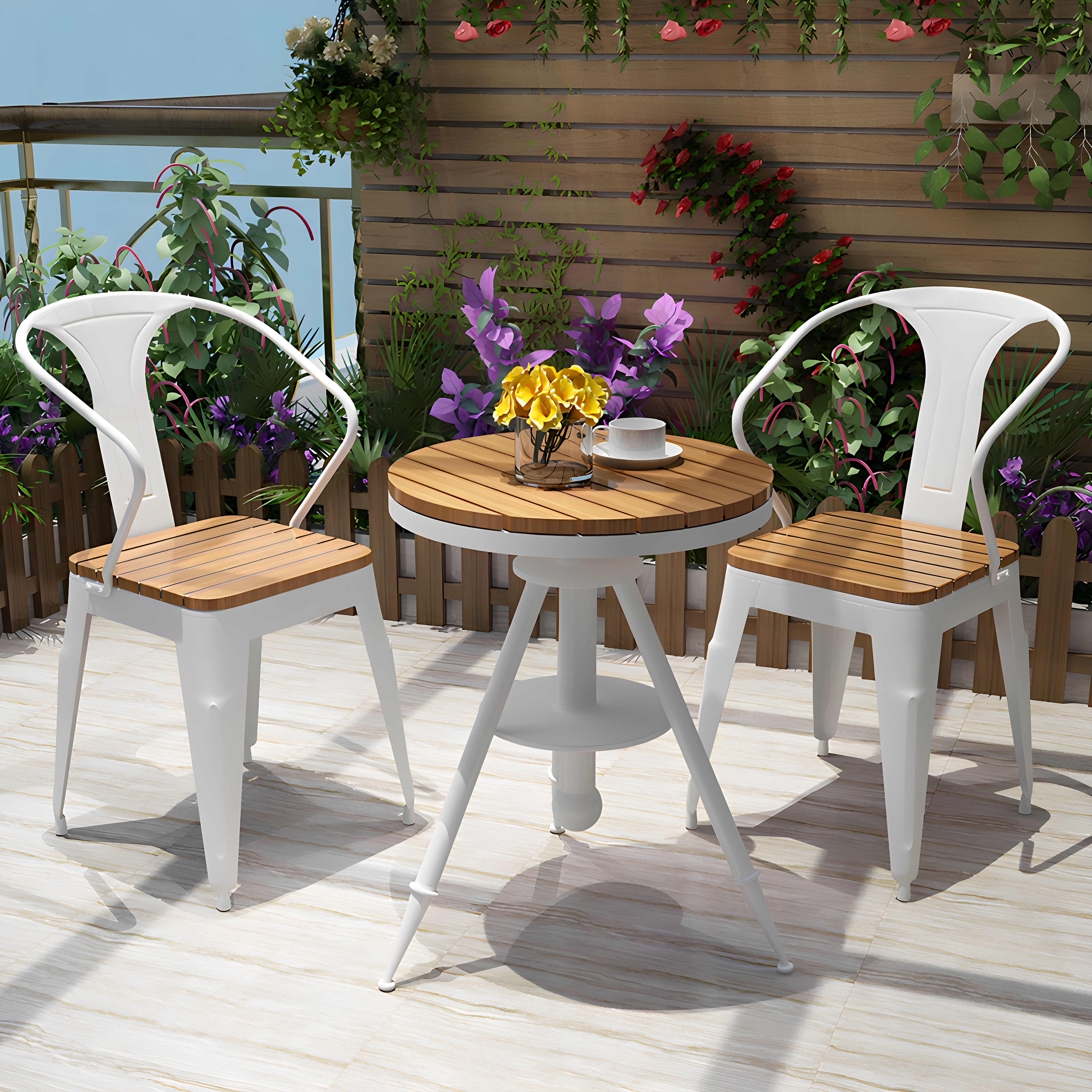 Открытый балкон, небольшой чайный столик и стул в сочетании друг с другом, открытый внутренний двор, простая терраса, сад под открытым небом, водонепроницаемый набор столов и стульев