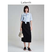 Lerensburg blue short sleeved bow chiffon shirt for female spring college student educational interview formal dress shirt dress