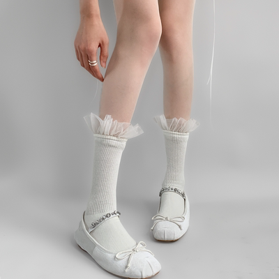 taobao agent 夜间教习室蕾丝花边袜子秋季中筒薄款白色堆堆袜女洛丽塔少女长袜