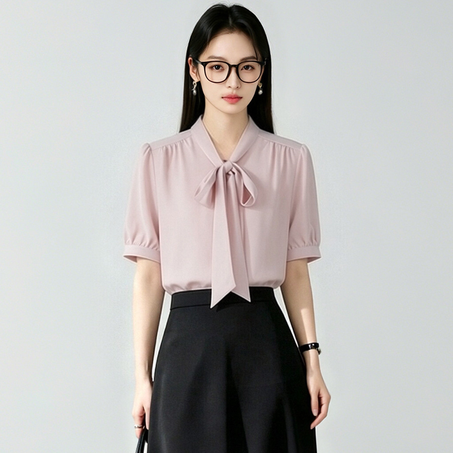 Women's pink chiffon short-sleeved summer business suit top for interviews and formal wear with bow.