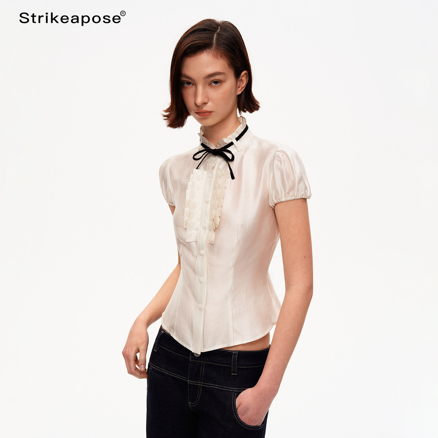 STRIKE A POSE Tencel Satin White Puff Sleeve T-Shirt Women's Preppy Style Slim Fit Waist Lightweight Shirt